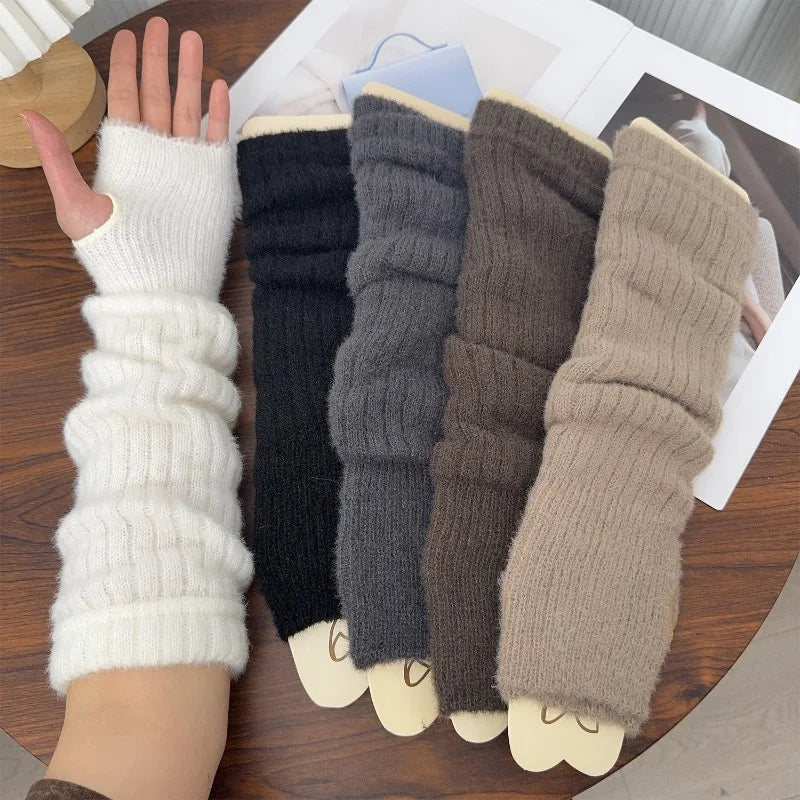 Fashion Solid Color Wrist Arm Warmer Gloves for Women Cold Proof Winter Warm Arm Sleeve Knitted Soft Stacked Fingerless Mittens