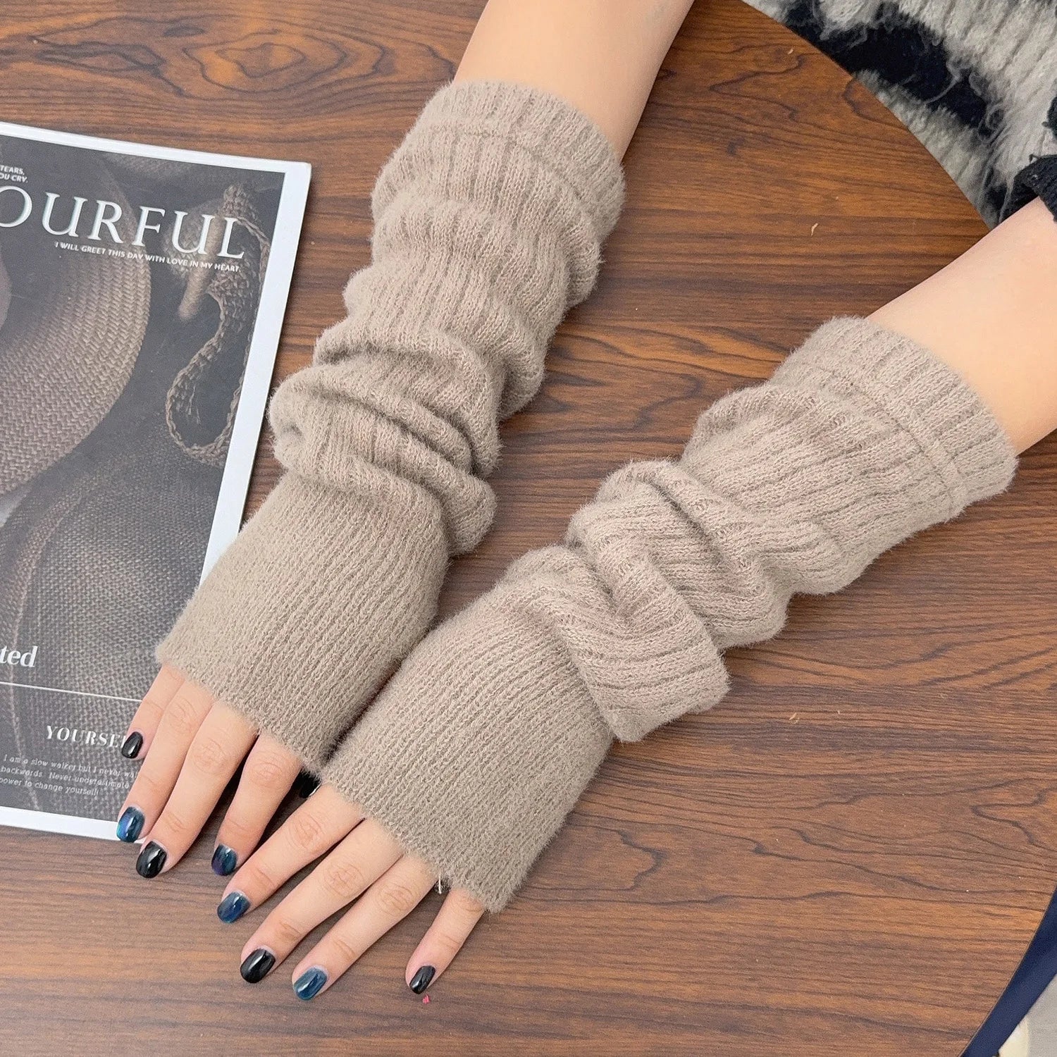 Fashion Solid Color Wrist Arm Warmer Gloves for Women Cold Proof Winter Warm Arm Sleeve Knitted Soft Stacked Fingerless Mittens